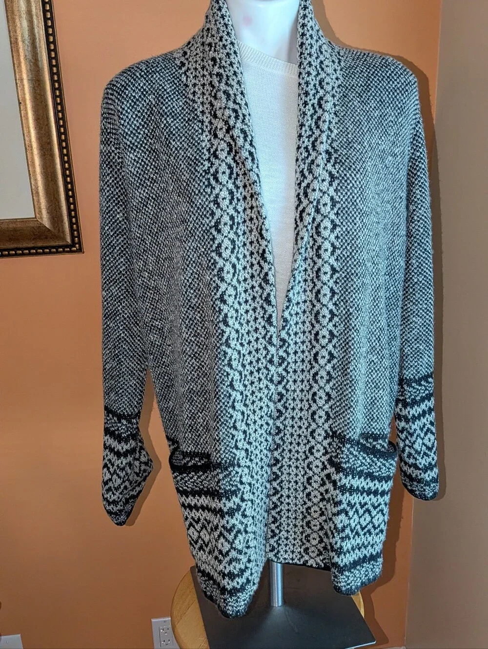 Lucky Brand Black and White Open Front Knit Cardigan Sweater Size M Cotton